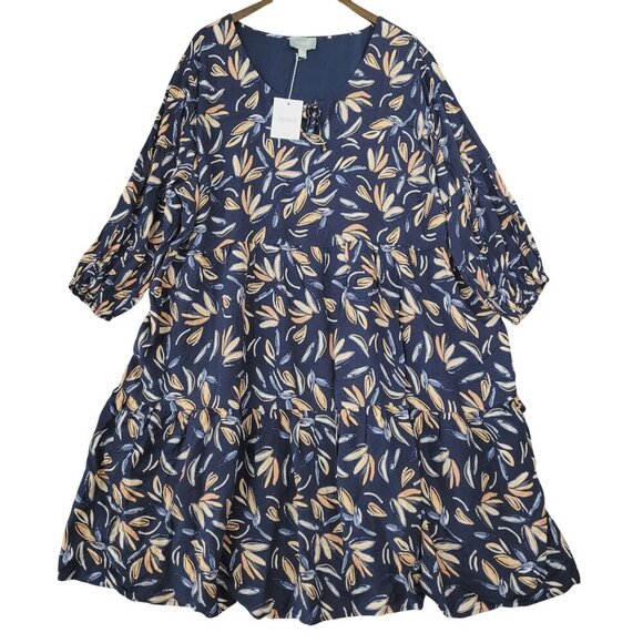 NWT Ryllace Womens Leaf Printed Tunic Midi Ruffle Dress Size 24 - Picture 1 of 9
